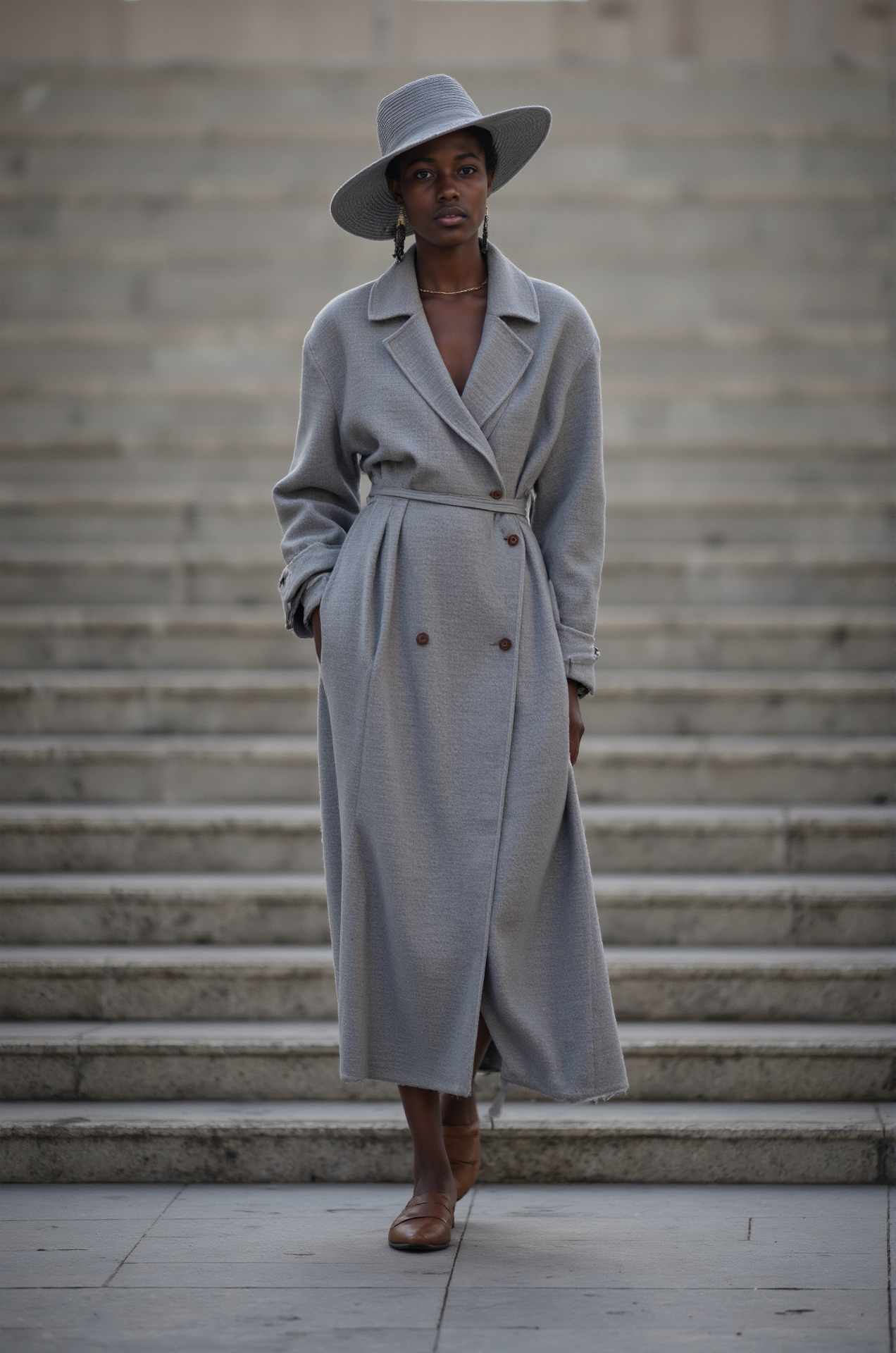 Grey Trench Coat Belted Coat Fedora Hat Minimalist Style Long Coat