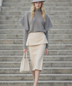 Grey Turtleneck Peplum Skirt White Heels Elegant Office Style