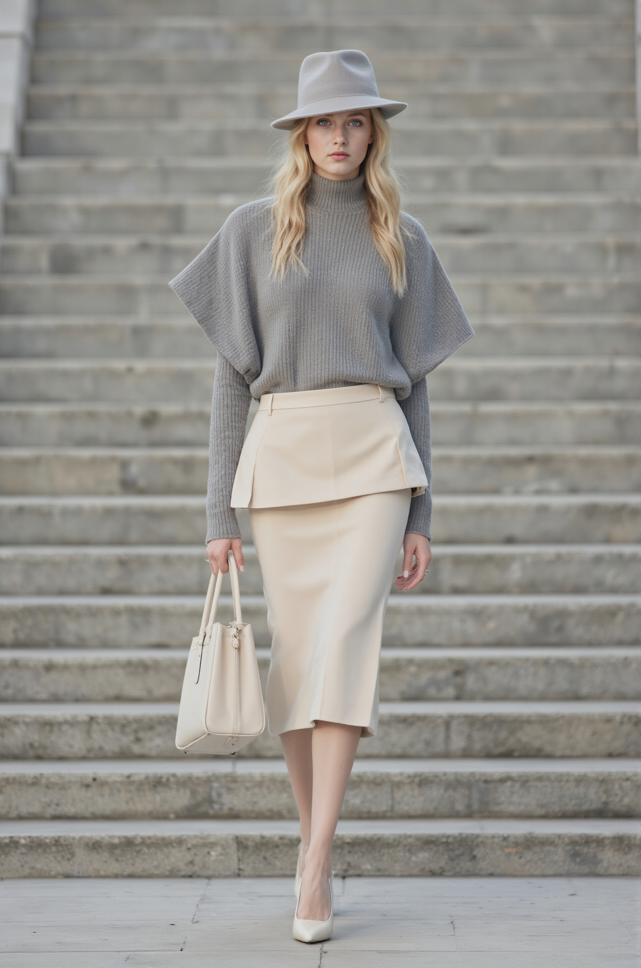 Grey Turtleneck Peplum Skirt White Heels Elegant Office Style
