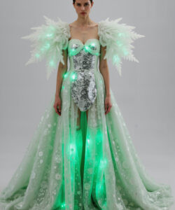 Icy Light Up Dress White Silver Gown With Glowing Details Feathered Shoulders