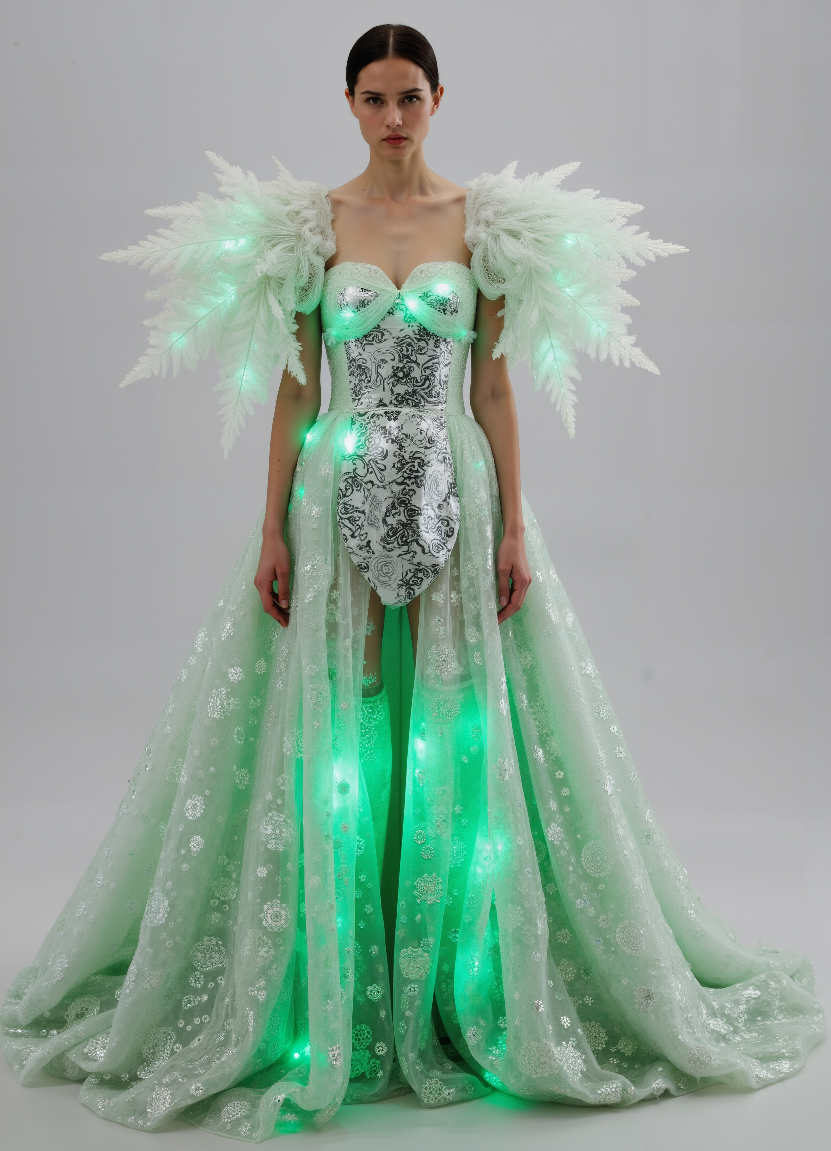 Icy Light Up Dress White Silver Gown With Glowing Details Feathered Shoulders