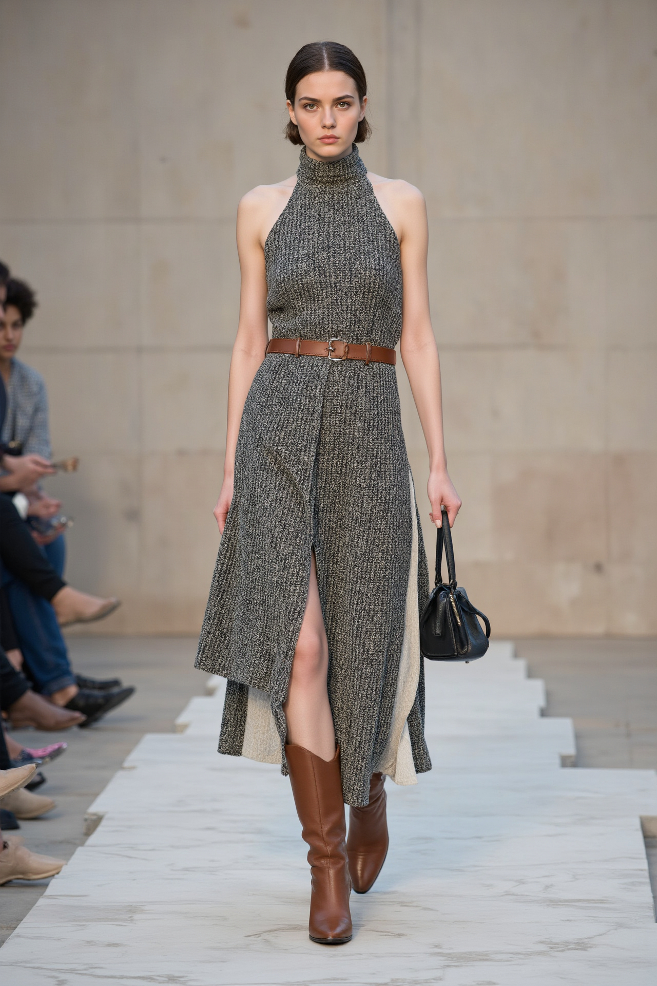 Knit Dress Halter Neck Brown Belt Tall Boots Fall Fashion Elegant Modern
