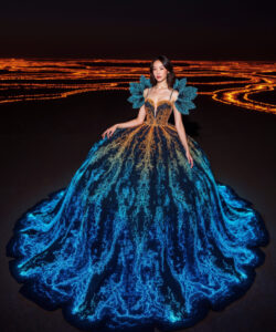 Lava Flow Gown Glowing Blue Orange Patterned Dress On A Fiery Landscape 1