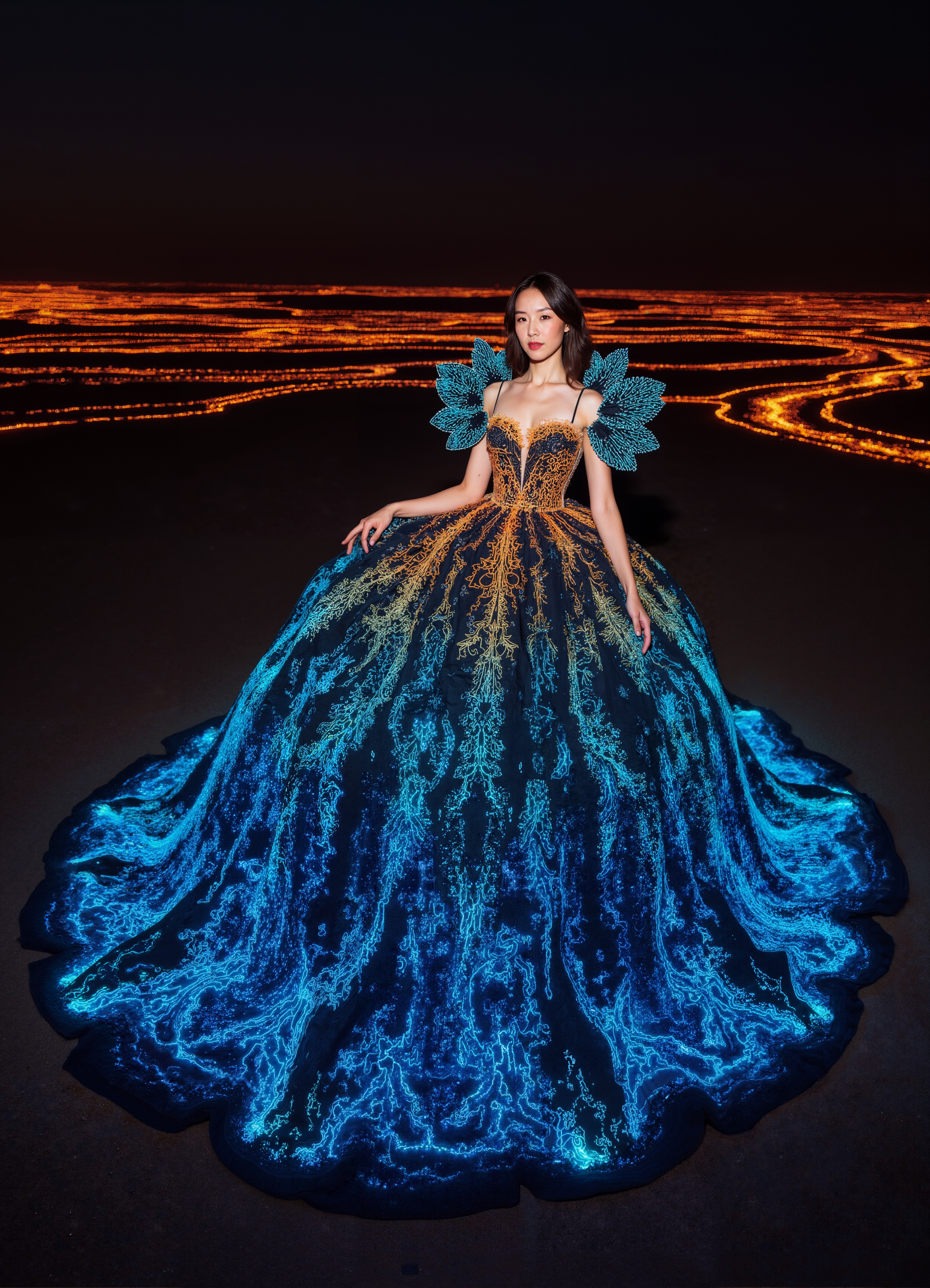 Lava Flow Gown Glowing Blue Orange Patterned Dress On A Fiery Landscape 1