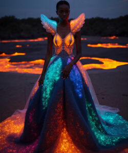 Lava Flow Gown Glowing Blue Orange Patterned Dress On A Fiery Landscape 2