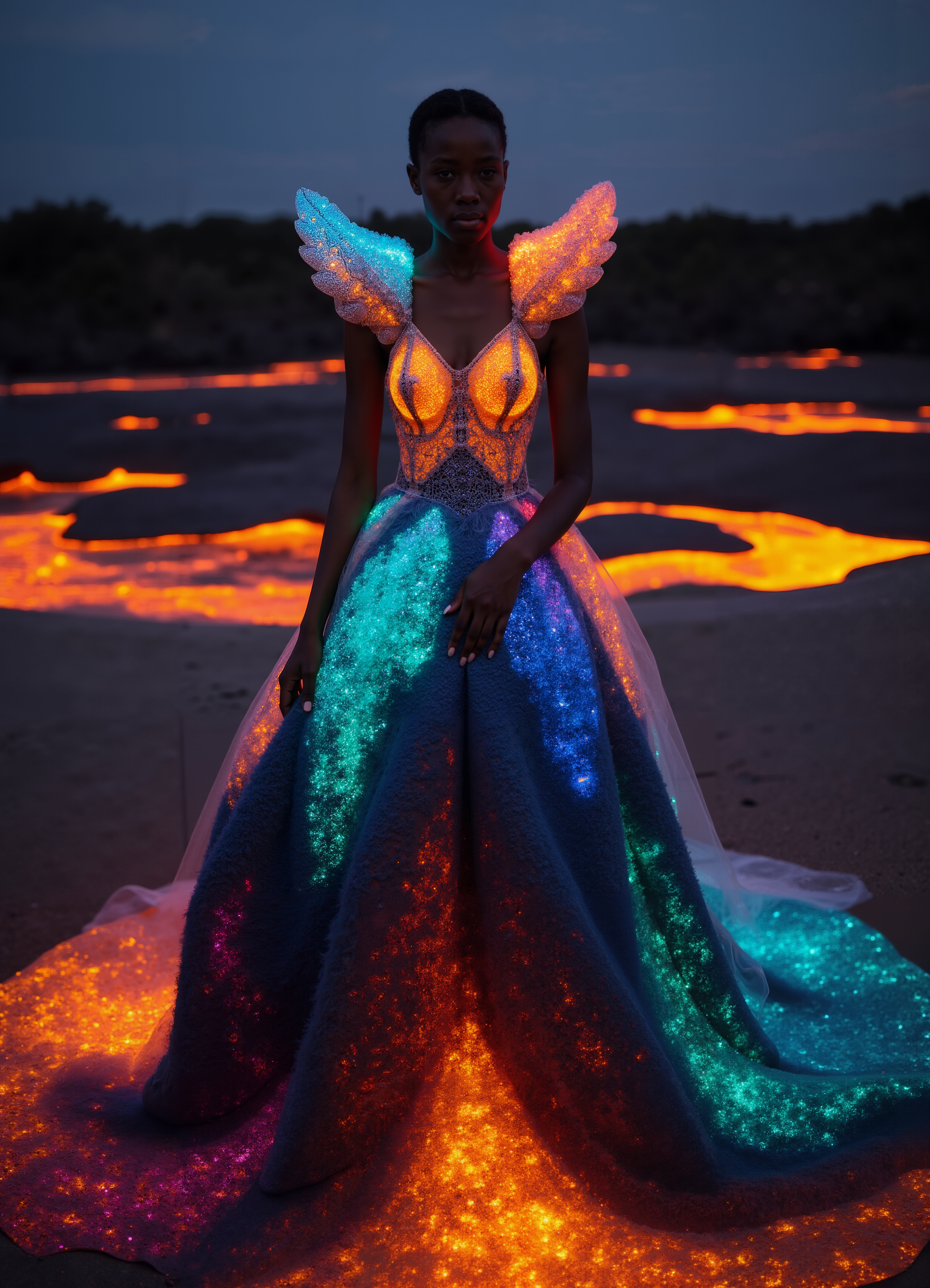 Lava Flow Gown Glowing Blue Orange Patterned Dress On A Fiery Landscape 2