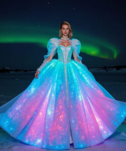Lava Flow Gown Glowing Blue Orange Patterned Dress On A Fiery Landscape 3