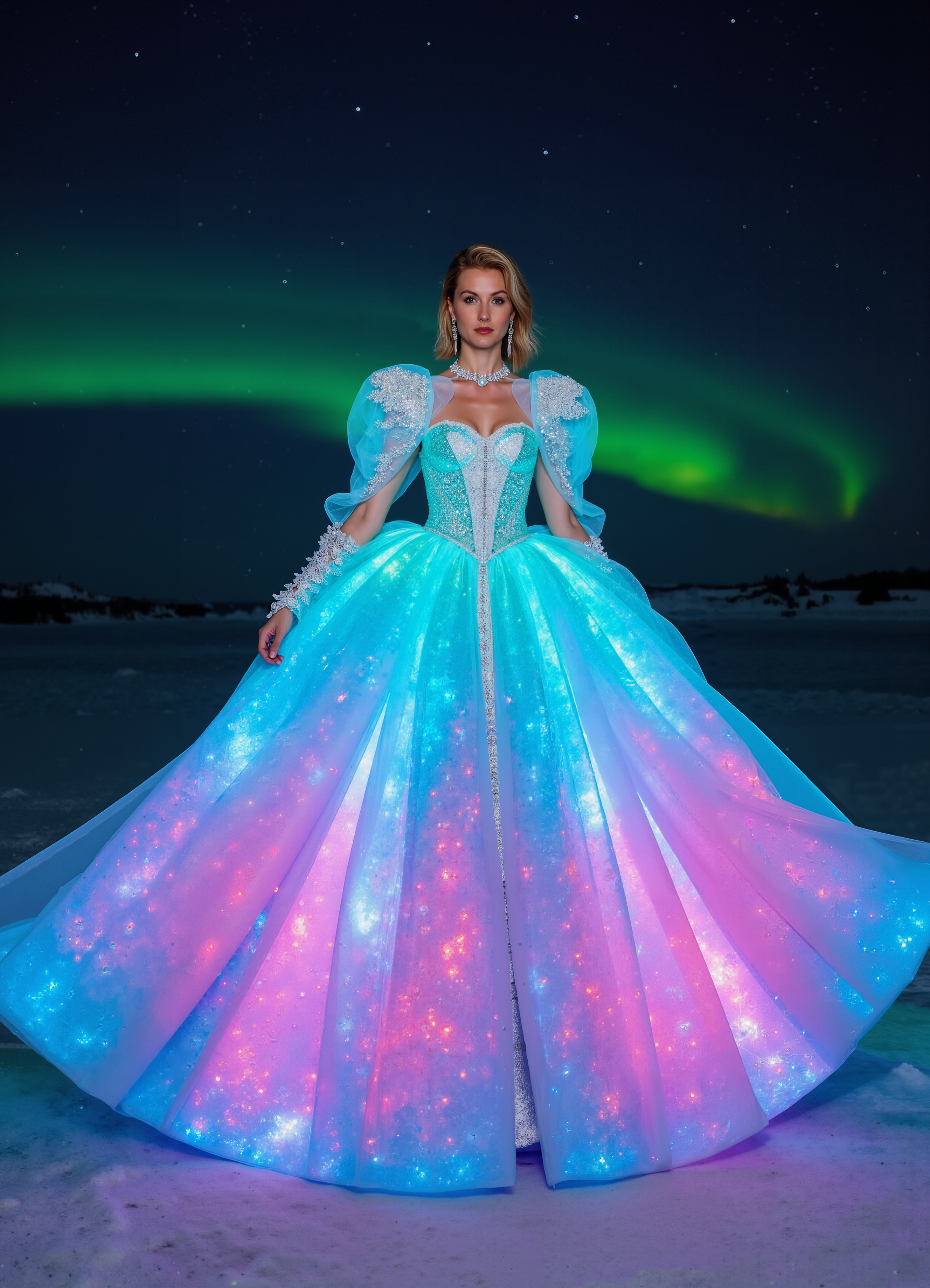 Lava Flow Gown Glowing Blue Orange Patterned Dress On A Fiery Landscape 3