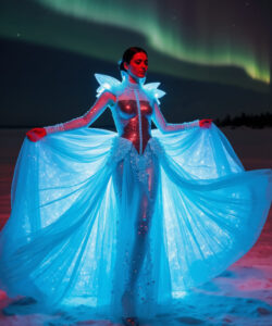 Lava Flow Gown Glowing Blue Orange Patterned Dress On A Fiery Landscape 4