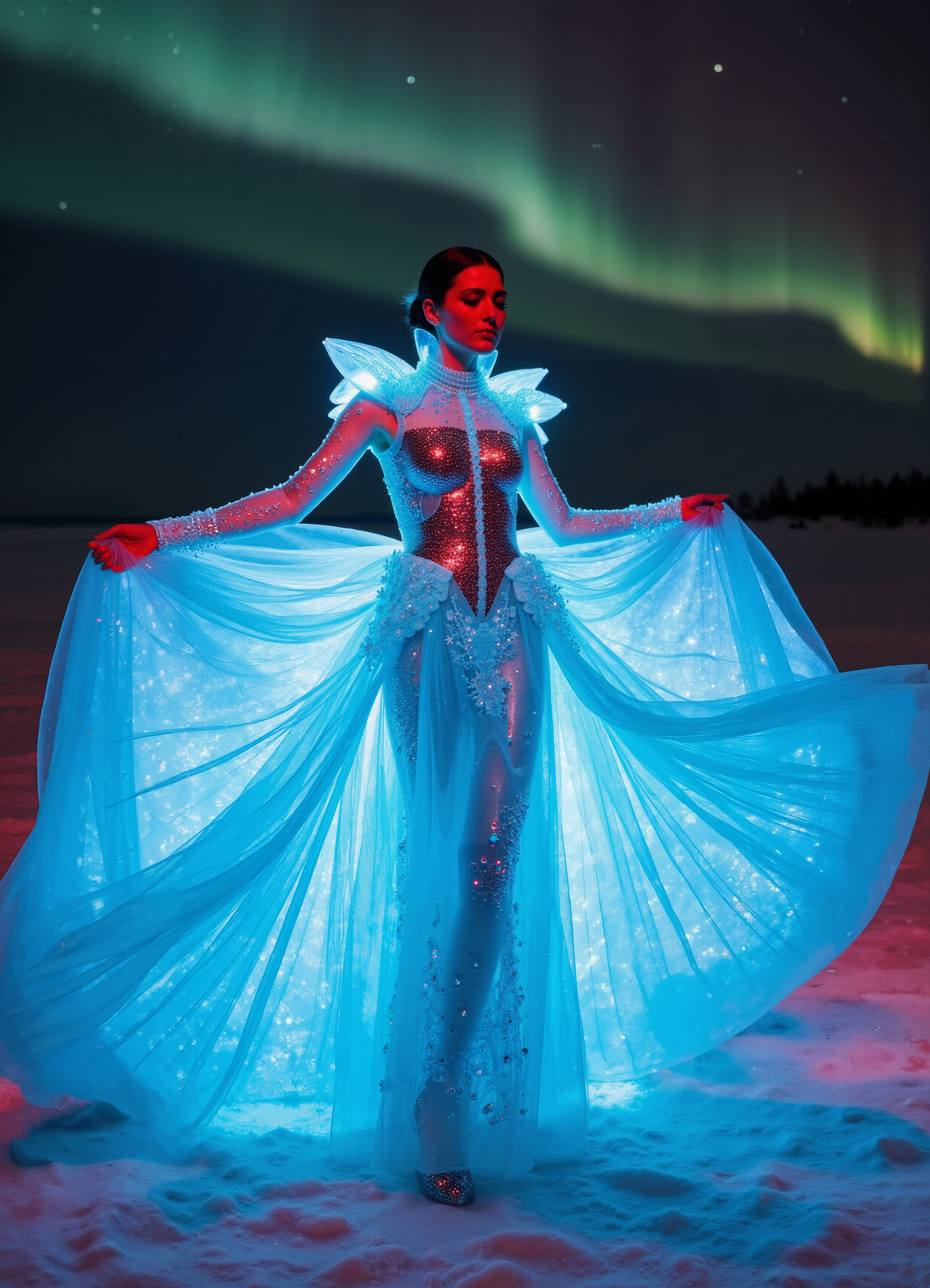 Lava Flow Gown Glowing Blue Orange Patterned Dress On A Fiery Landscape 4