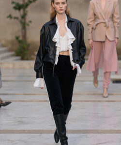 Leather Jacket Ruffled Blouse Track Pants Sporty Chic Edgy Modern Casual