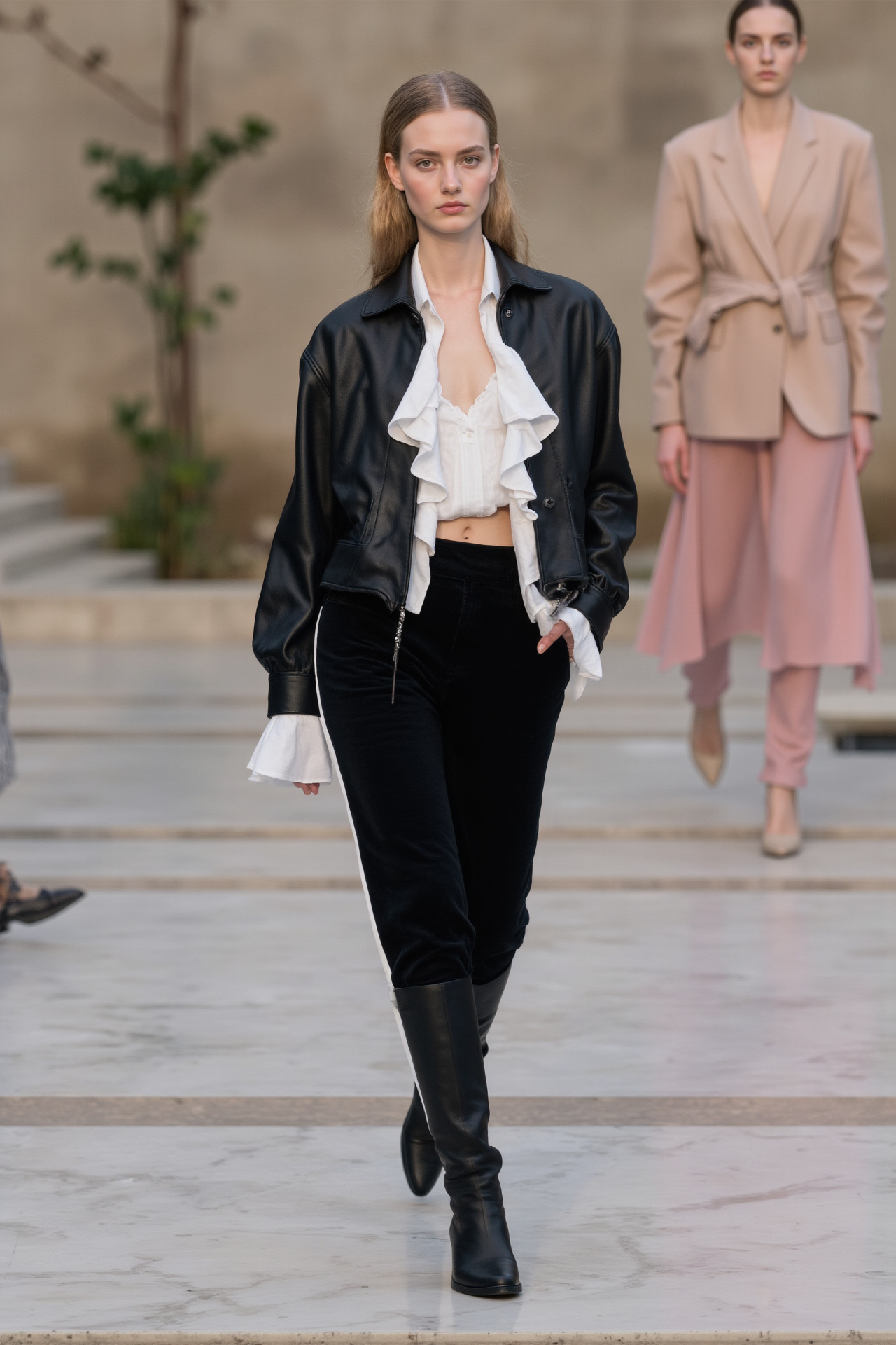 Leather Jacket Ruffled Blouse Track Pants Sporty Chic Edgy Modern Casual