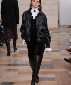 Leather Jacket Ruffled Blouse Velvet Pants Thigh High Boots Edgy Chic Fall Fashion