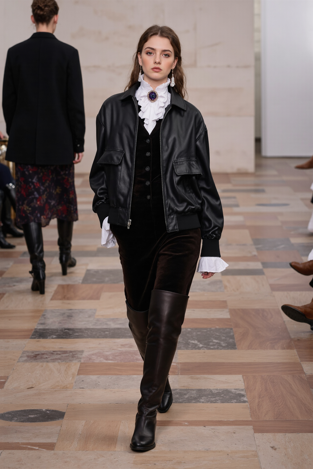Leather Jacket Ruffled Blouse Velvet Pants Thigh High Boots Edgy Chic Fall Fashion