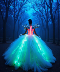 Luminous Angel Gown White Blue Glowing Dress With Majestic Winged Shoulders 1