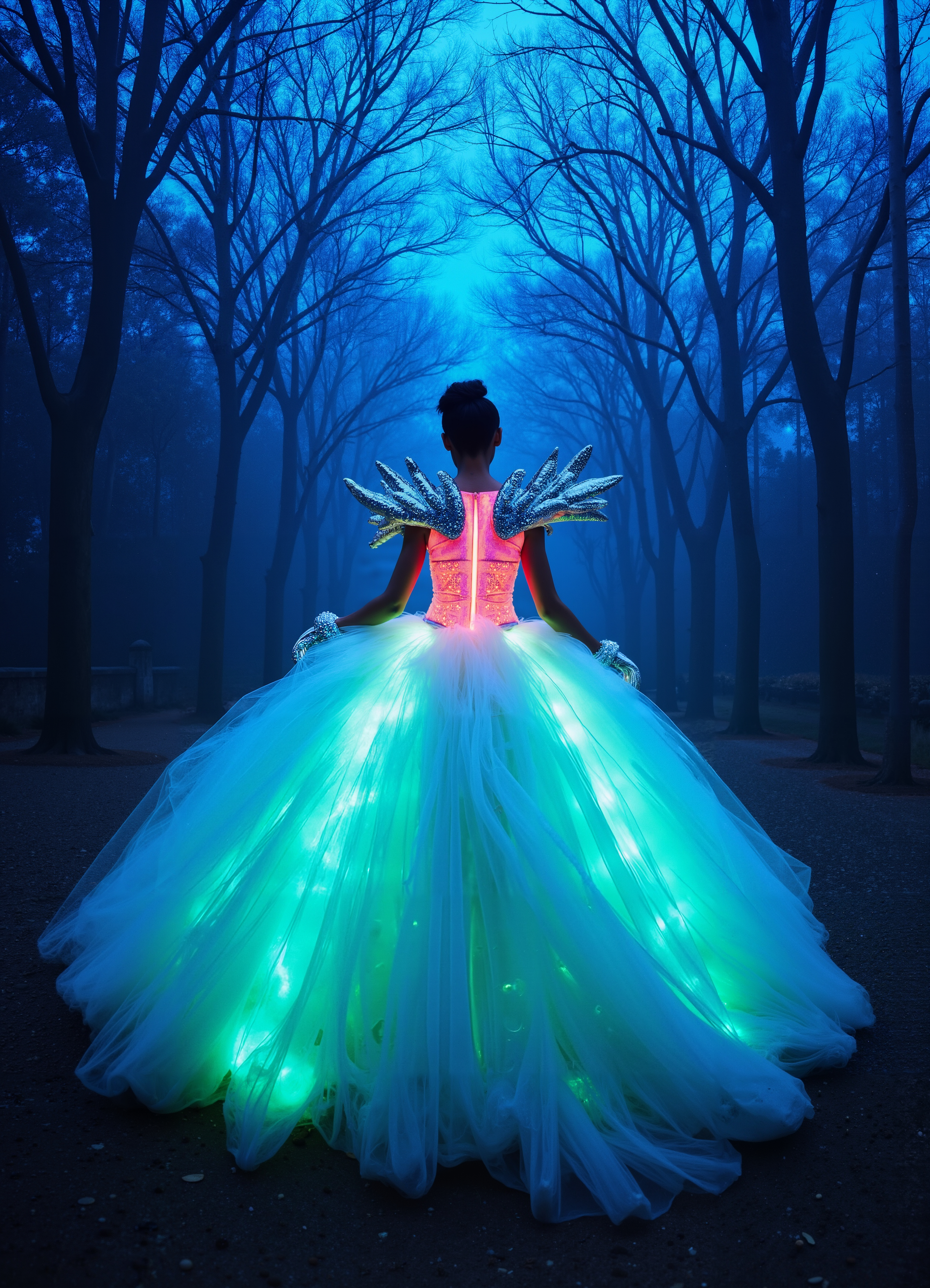 Luminous Angel Gown White Blue Glowing Dress With Majestic Winged Shoulders 1
