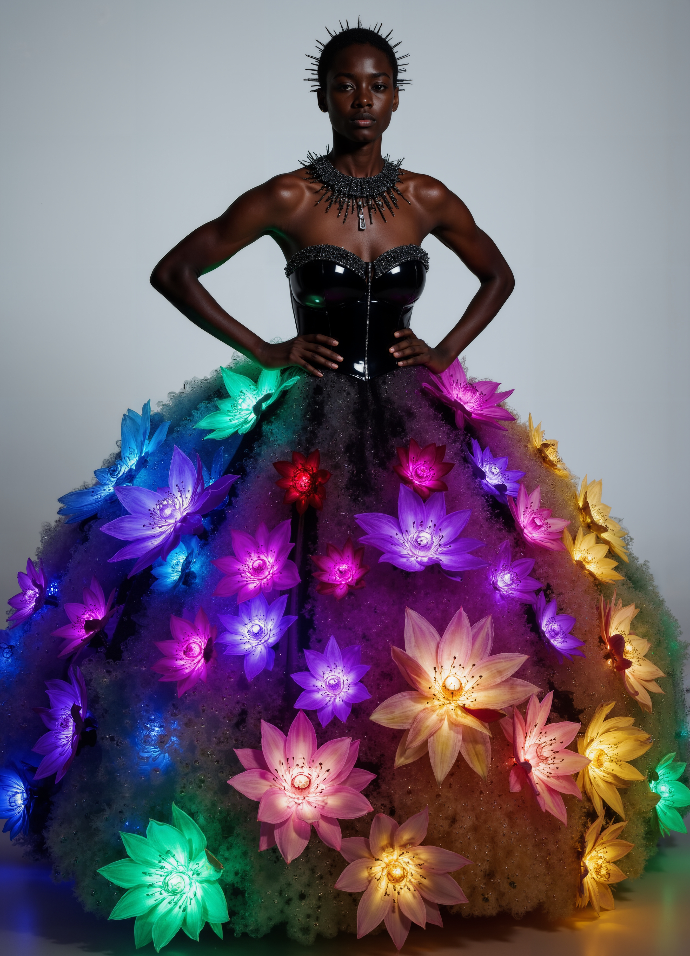 Luminous Blue Galaxy Gown One Shoulder Dress With Light Up Flower Detail 1