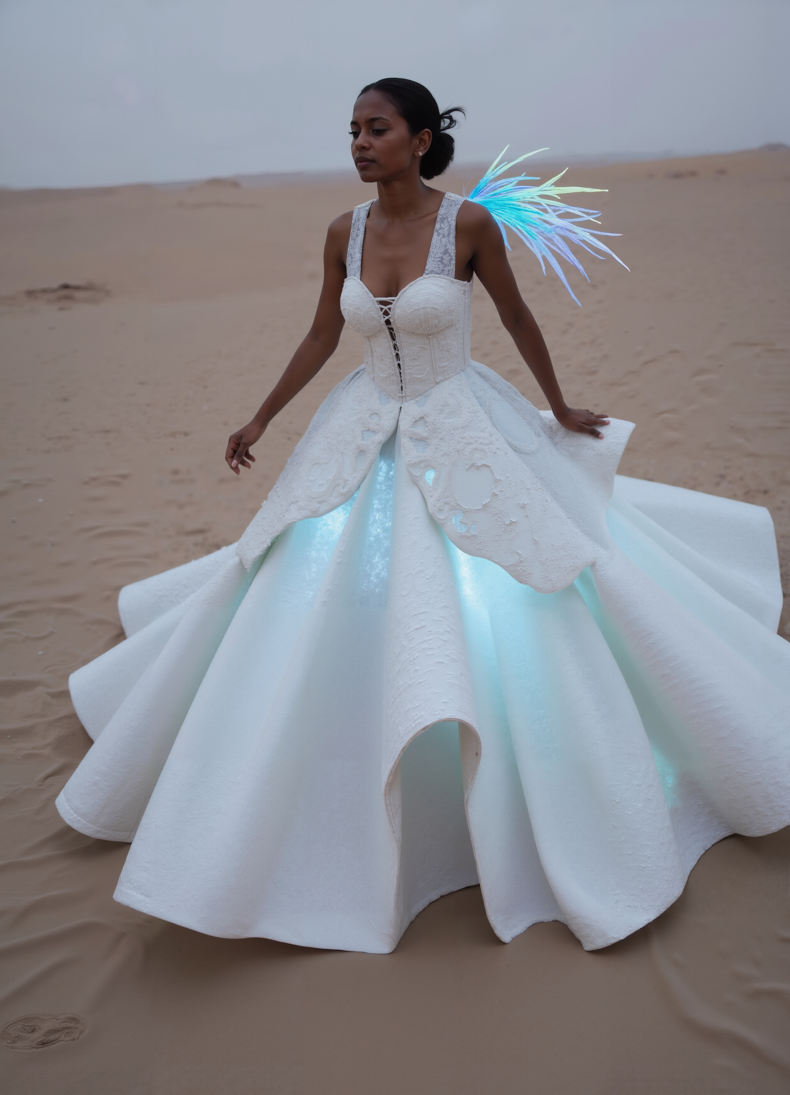 Luminous Frost Empress White Gown With Glowing Multicolor Shoulders 1