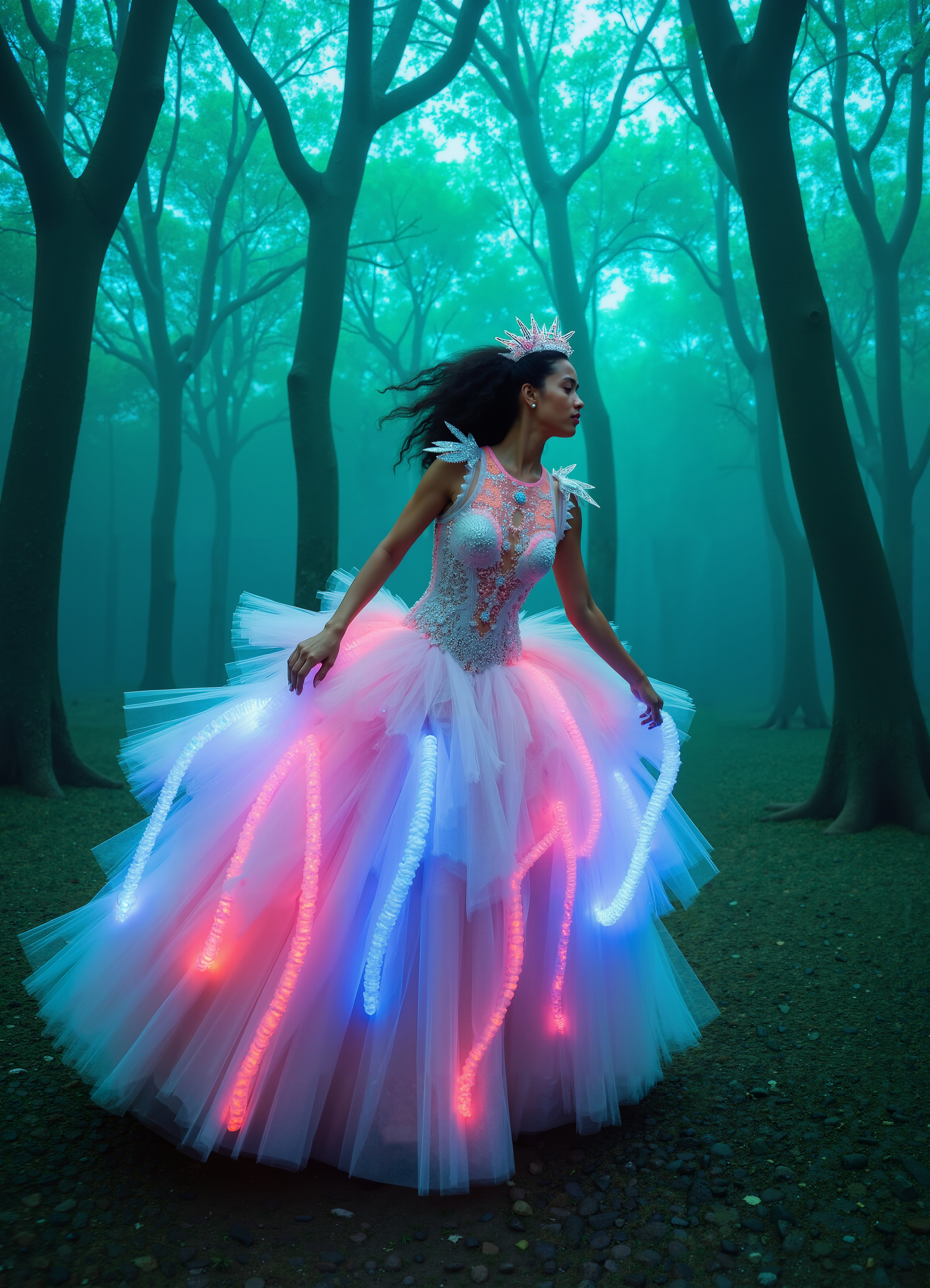 Luminous Frost Gown White Blue Glowing Dress With Sparkling Crystal Shoulders 2