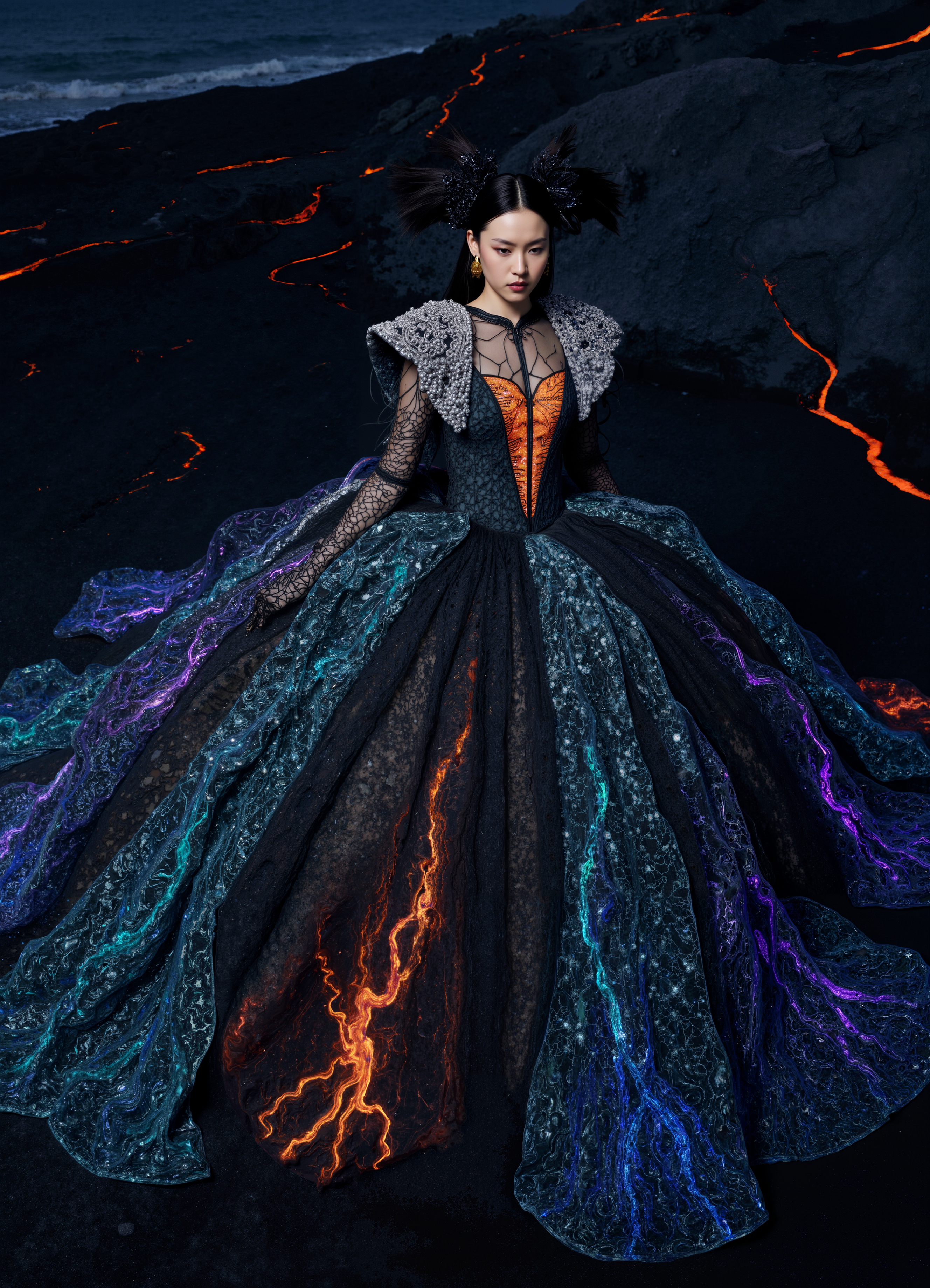 Luminous Ice Empress White Gown With Glowing Multicolor Shoulders 3