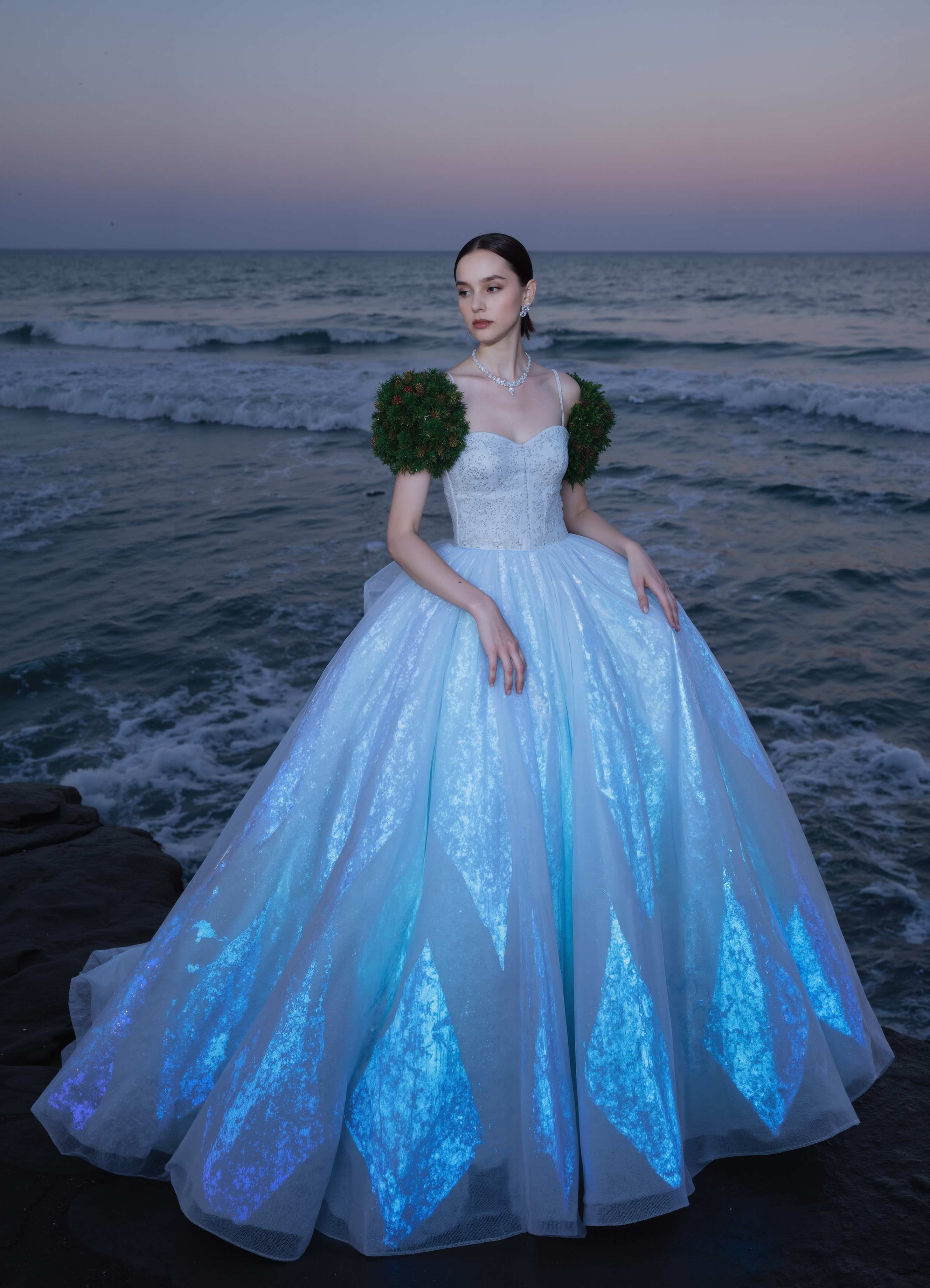 Luminous Ice Queen White Gown With Glowing Multicolor Shoulders 1