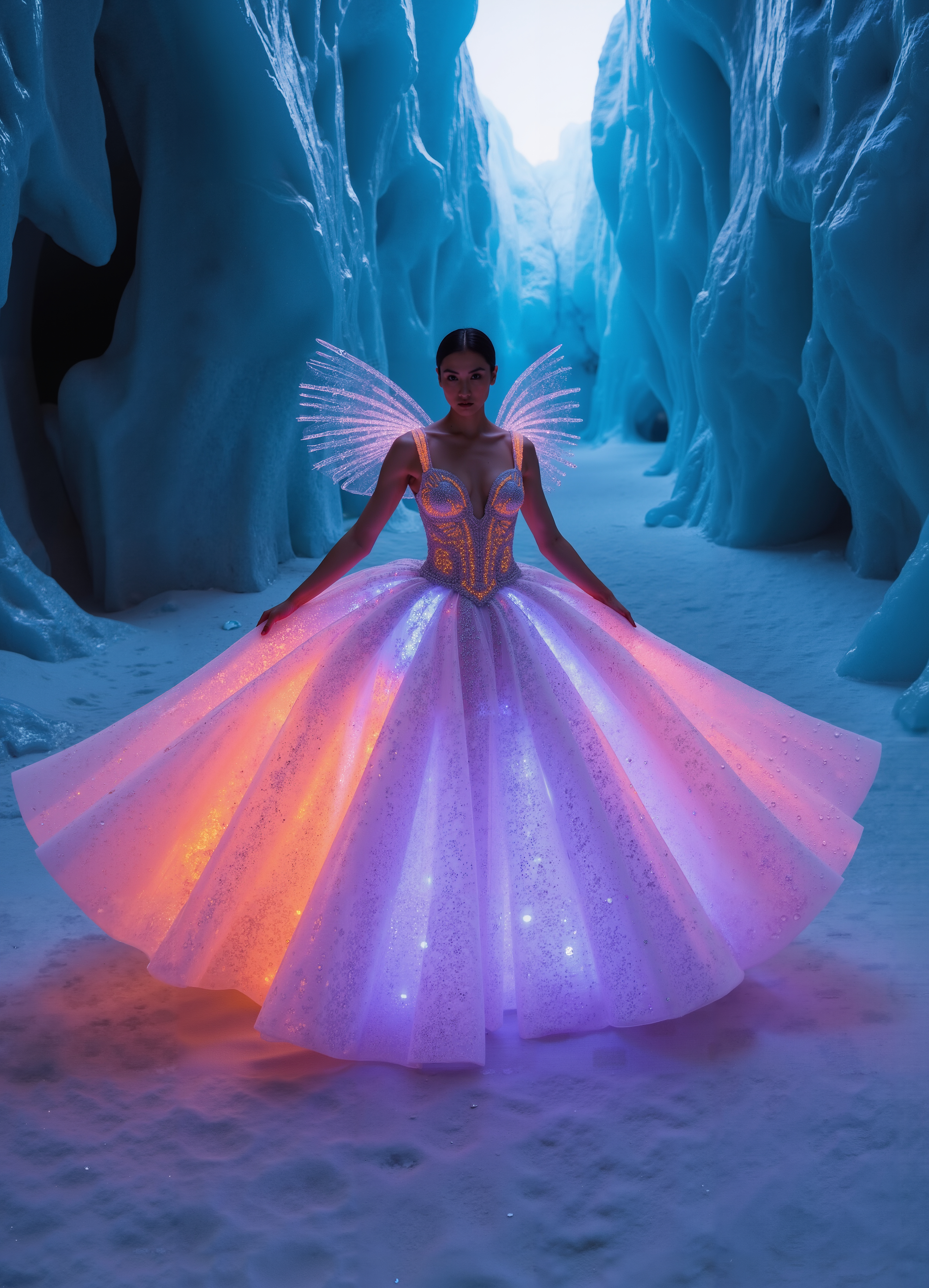 Luminous Snow Queen Gown White Dress With Glowing Multicolor Shoulders 1