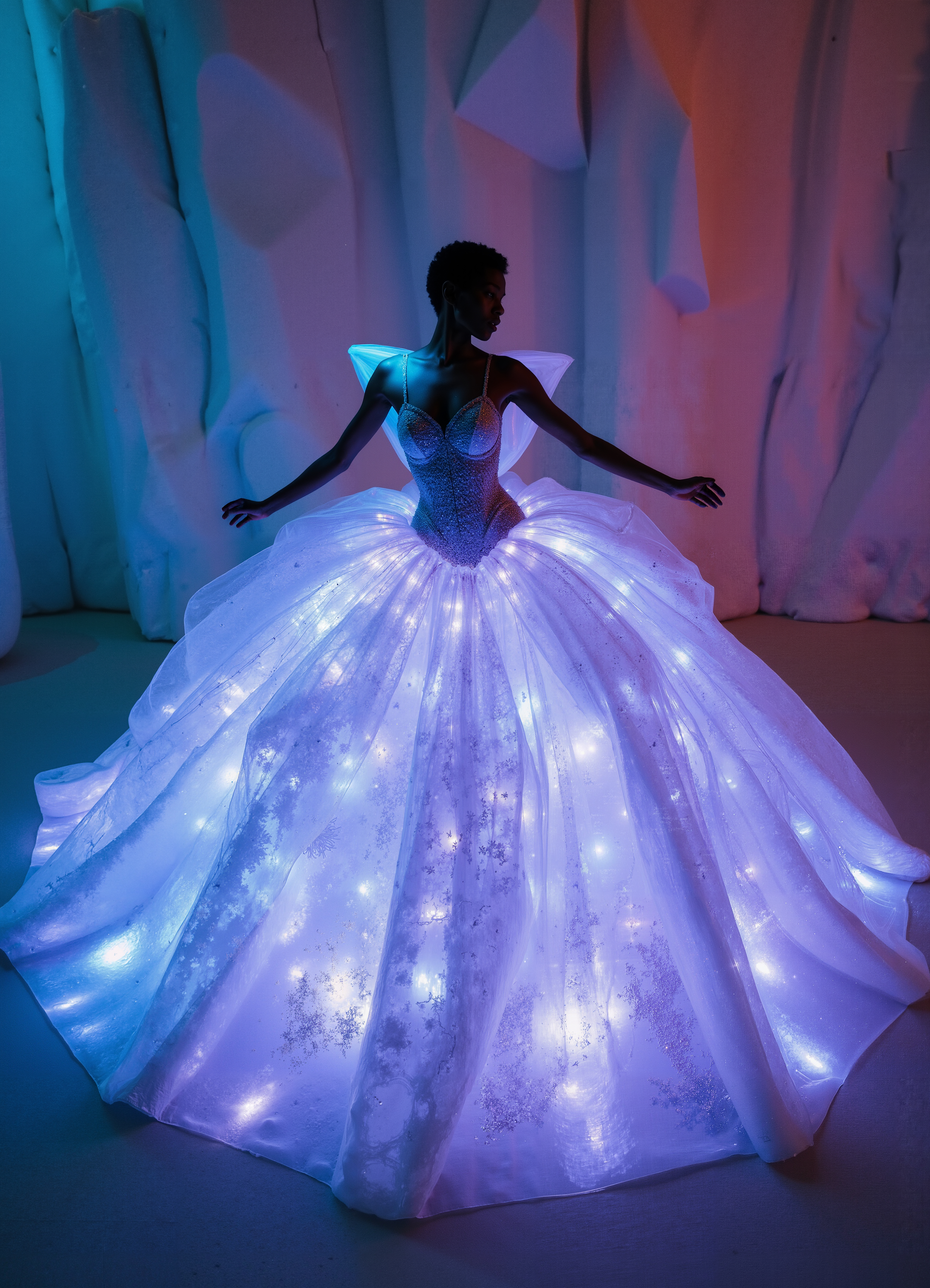 Luminous Snow Queen White Dress With Glowing Multicolor Shoulders 1