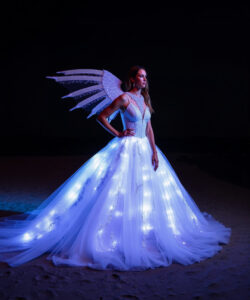 Luminous Winter Dream Gown White Dress With Glowing Multicolor Shoulders 1