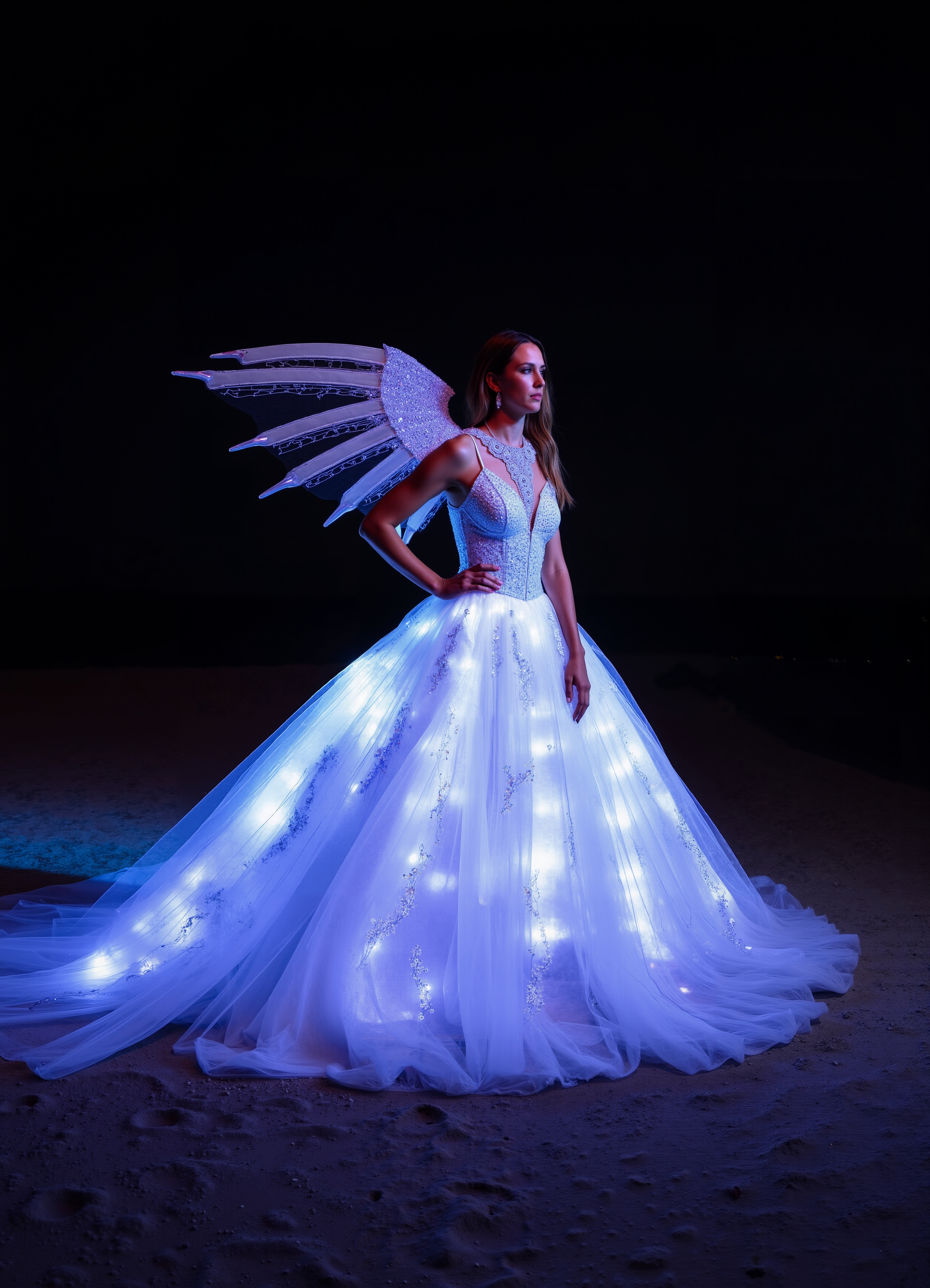 Luminous Winter Dream Gown White Dress With Glowing Multicolor Shoulders 1
