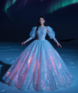 Luminous Winter Dream White Gown With Glowing Multicolor Shoulders 1