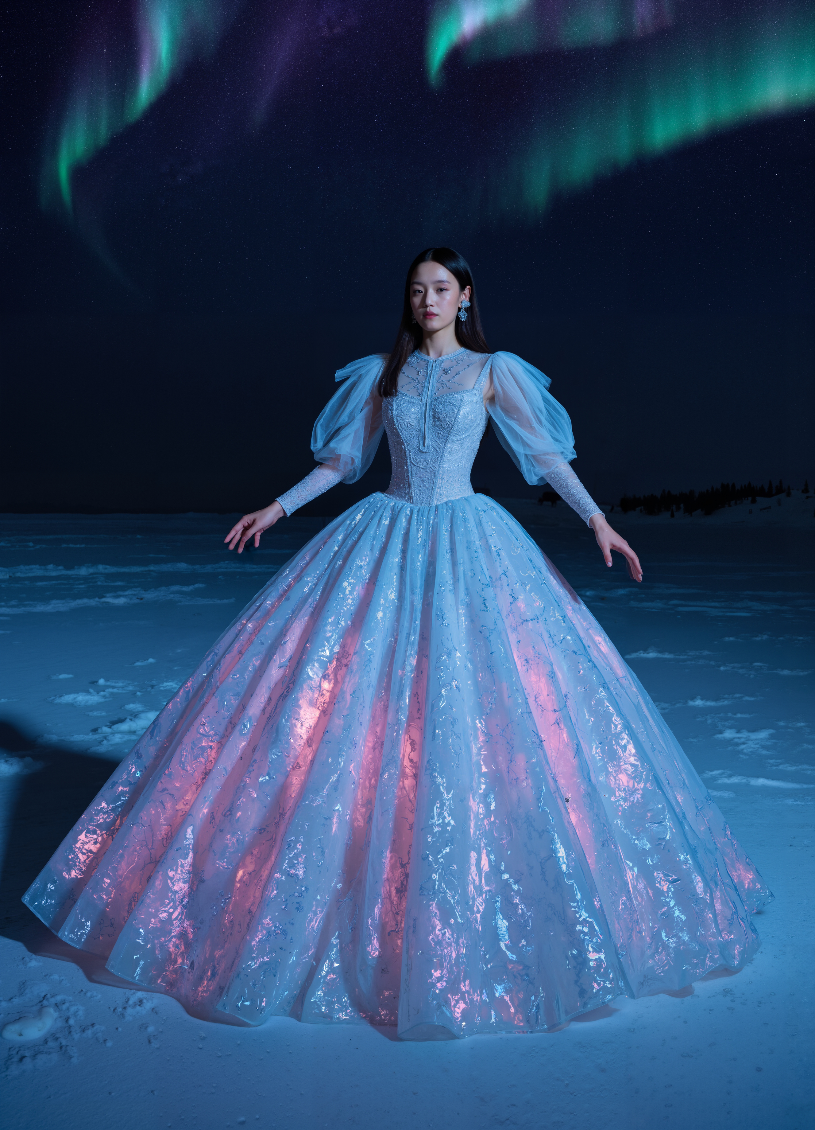 Luminous Winter Dream White Gown With Glowing Multicolor Shoulders 1
