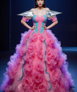 Luminous Winter Fantasy White Gown With Glowing Multicolor Shoulders 2