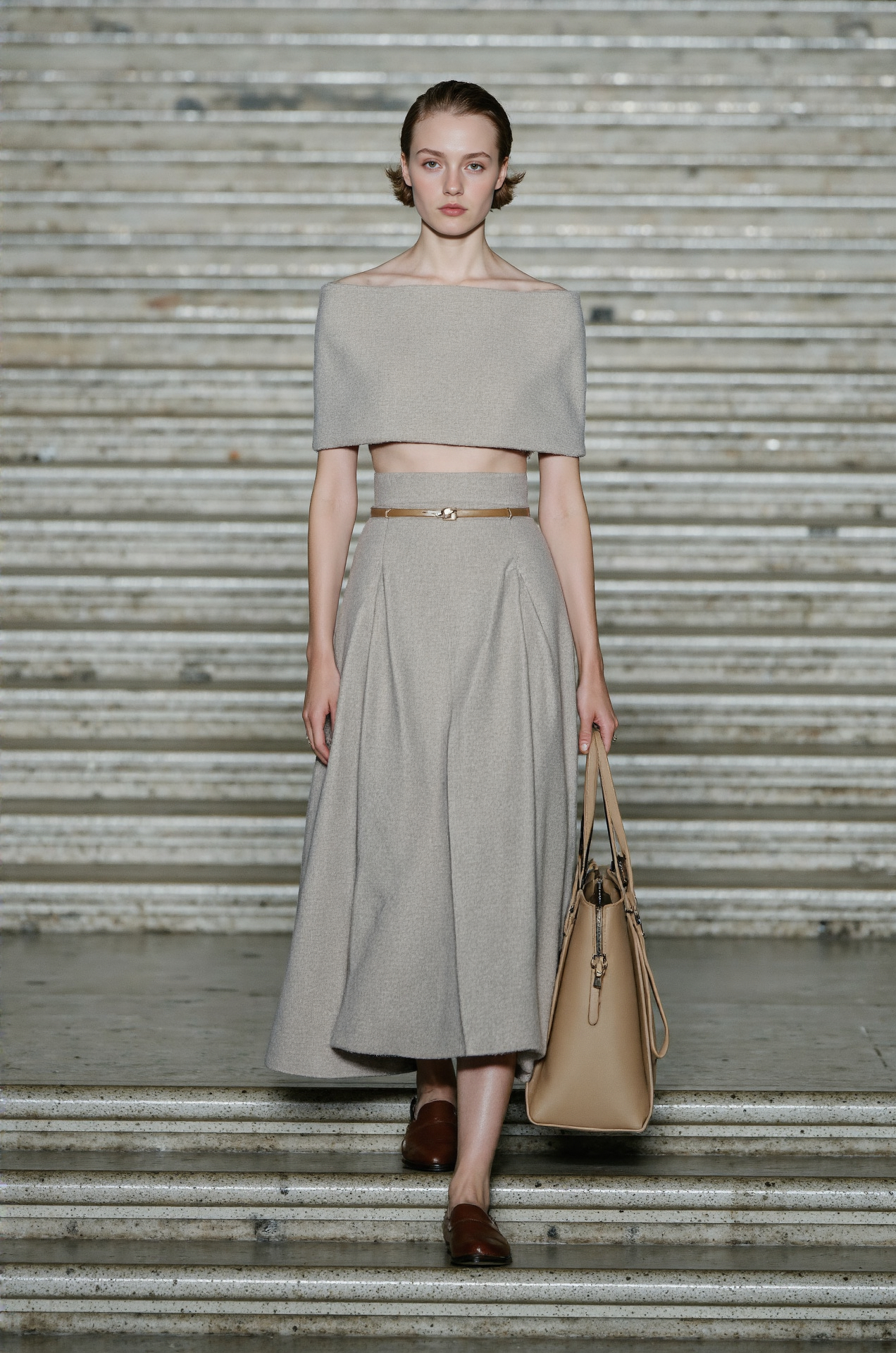 Minimalist Chic Beige Crop Top Midi Skirt Matching Set Formal Wear