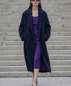 Navy Coat Purple Dress Sophisticated Style Classic Look