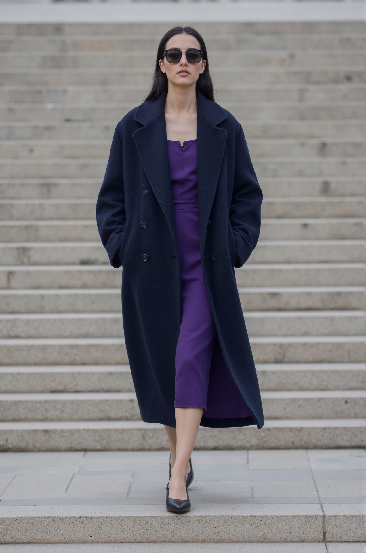 Navy Coat Purple Dress Sophisticated Style Classic Look