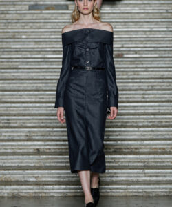 Off Shoulder Denim Dress Belted Waist Dark Wash Denim Chic Casual