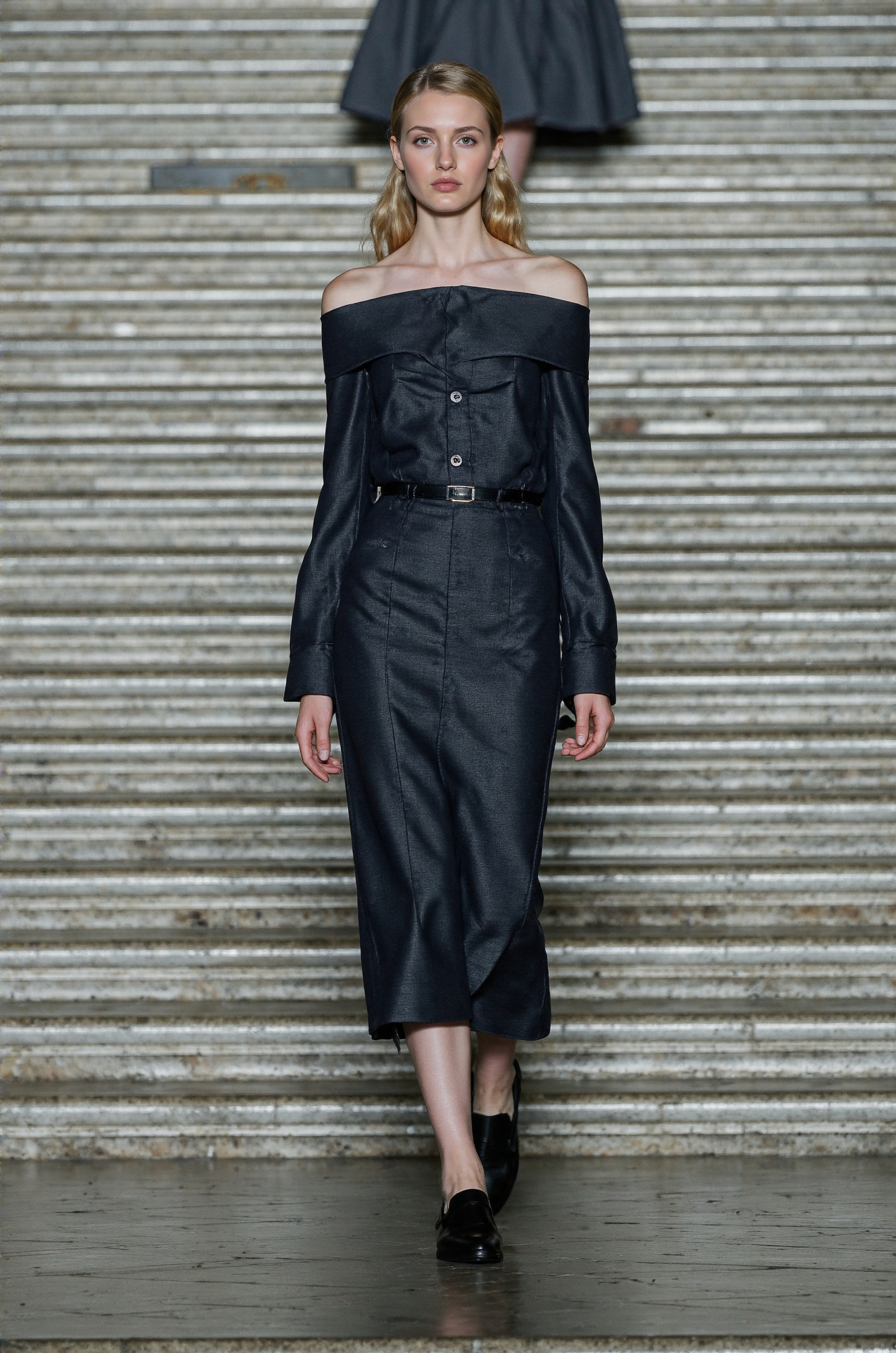 Off Shoulder Denim Dress Belted Waist Dark Wash Denim Chic Casual