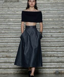 Off Shoulder Top Denim Midi Skirt Minimalist Style Dark Wash Denim
