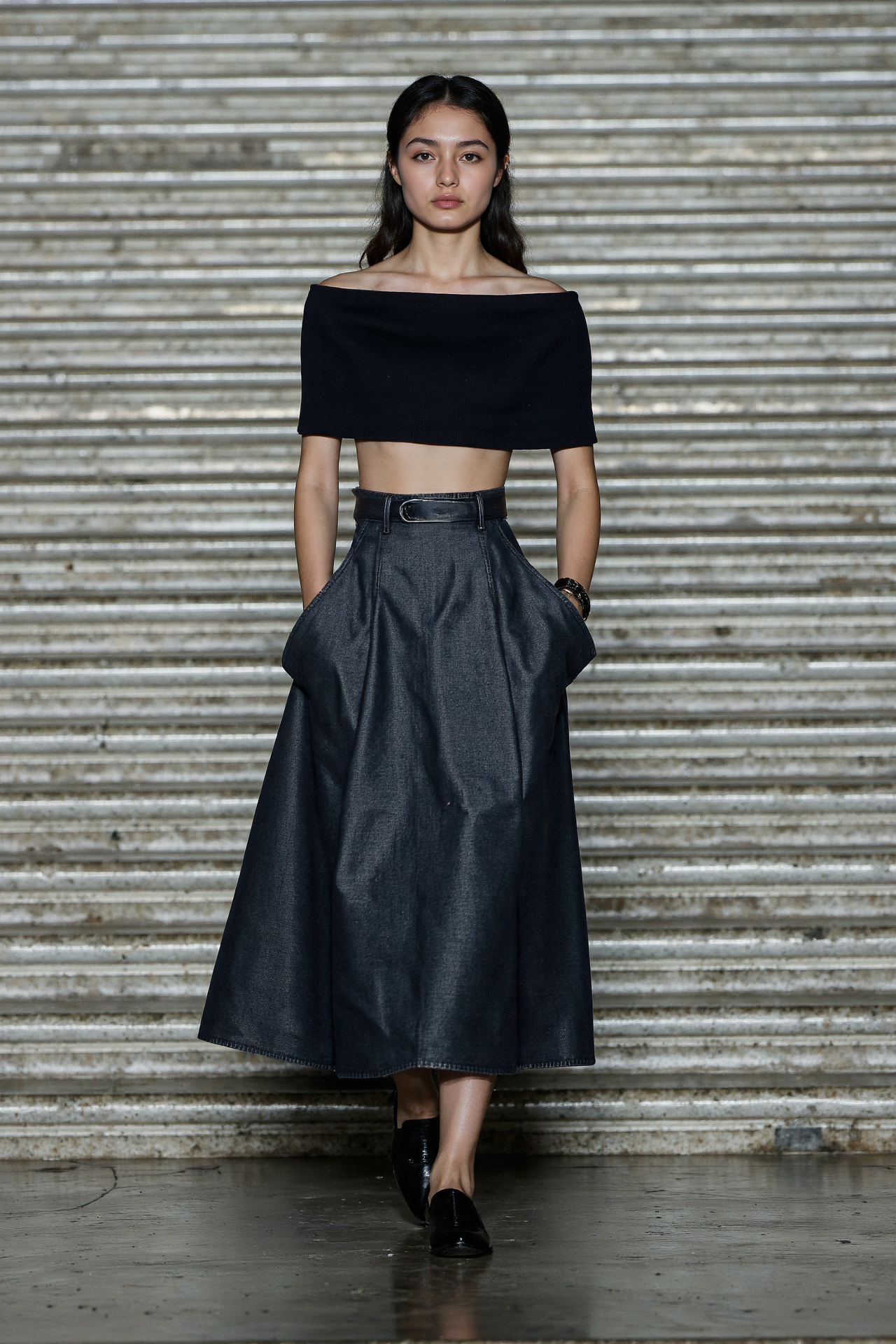 Off Shoulder Top Denim Midi Skirt Minimalist Style Dark Wash Denim