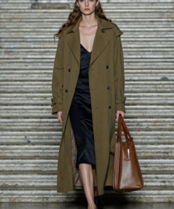 Olive Green Trench Coat Black Slip Dress Elegant Outerwear Fashion Runway