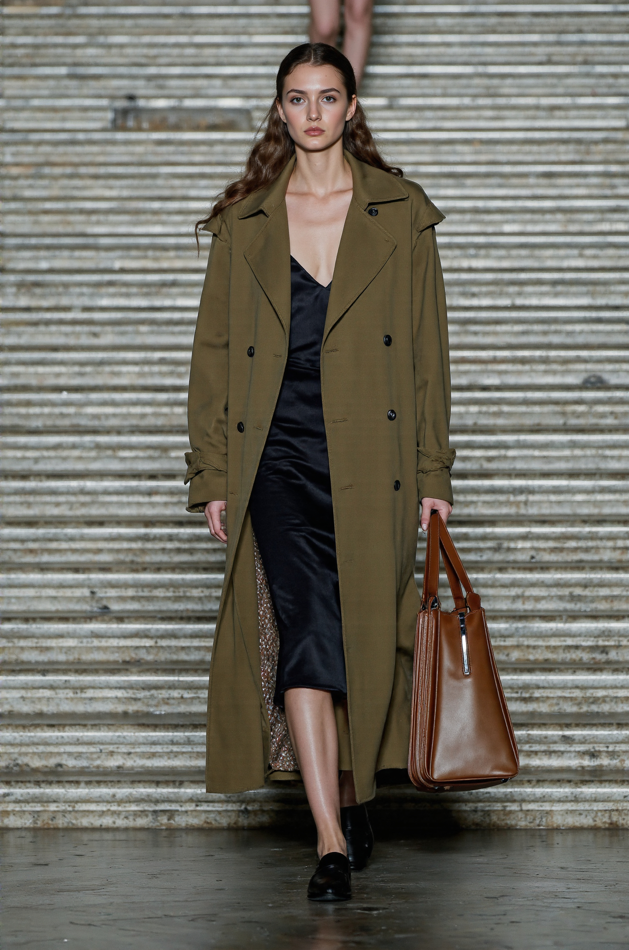 Olive Green Trench Coat Black Slip Dress Elegant Outerwear Fashion Runway