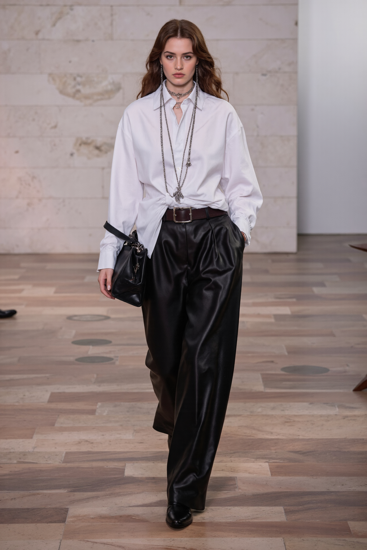 Oversized Shirt Leather Pants Wide Leg Minimalist Edgy Street Style Trendy