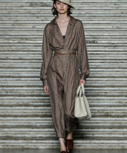 Patterned Jumpsuit Belted Fedora Hat Relaxed Fit Brown Tones