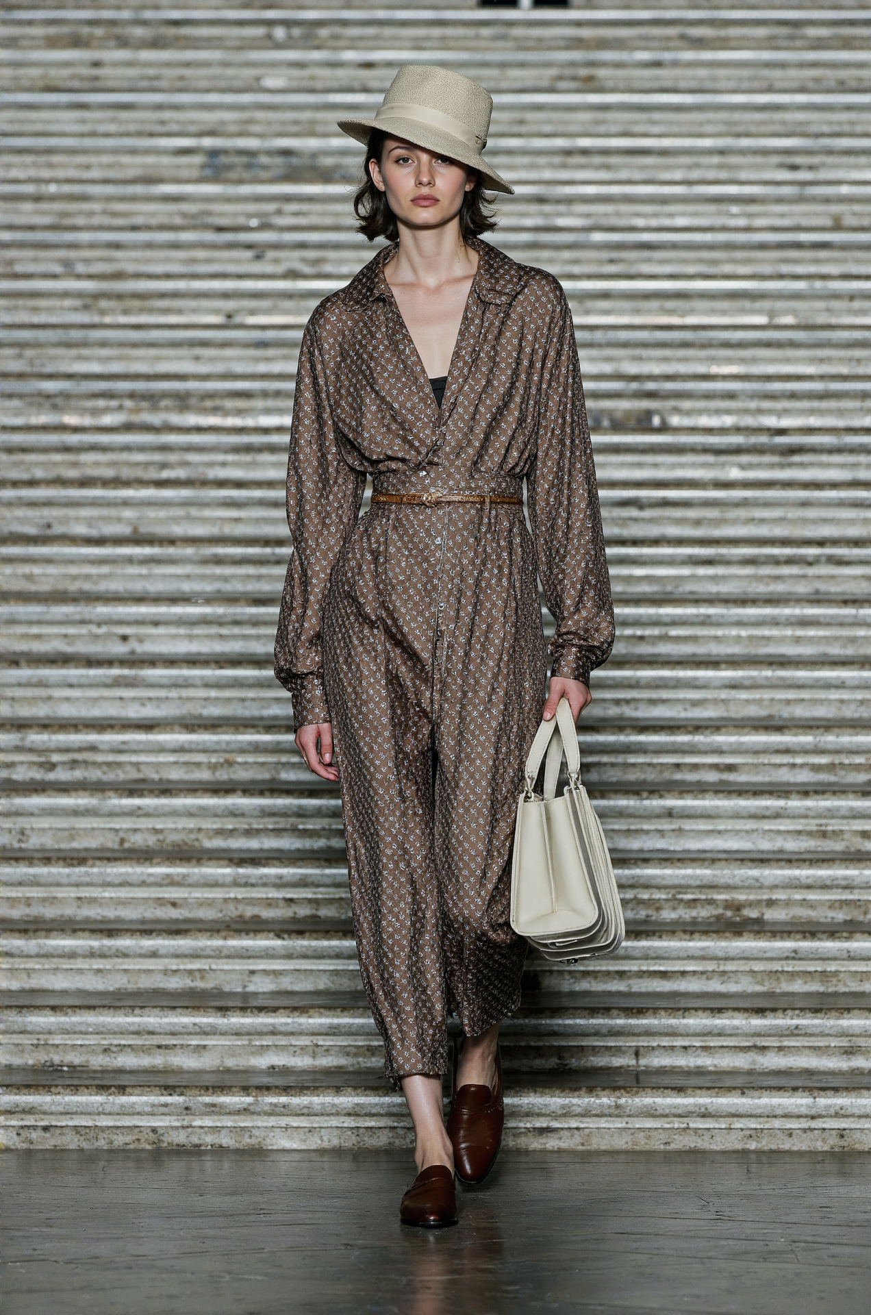 Patterned Jumpsuit Belted Fedora Hat Relaxed Fit Brown Tones