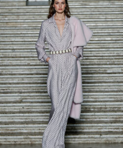 Patterned Jumpsuit Pink Faux Fur Stole Elegant Fashion Belted Waist