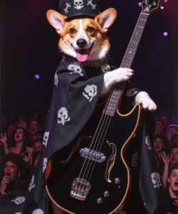 Photograph Cute Corgi In A Black Pirate Costume With Skull Designs Playing An Electric Guitar Surrounded By Cheering Fans