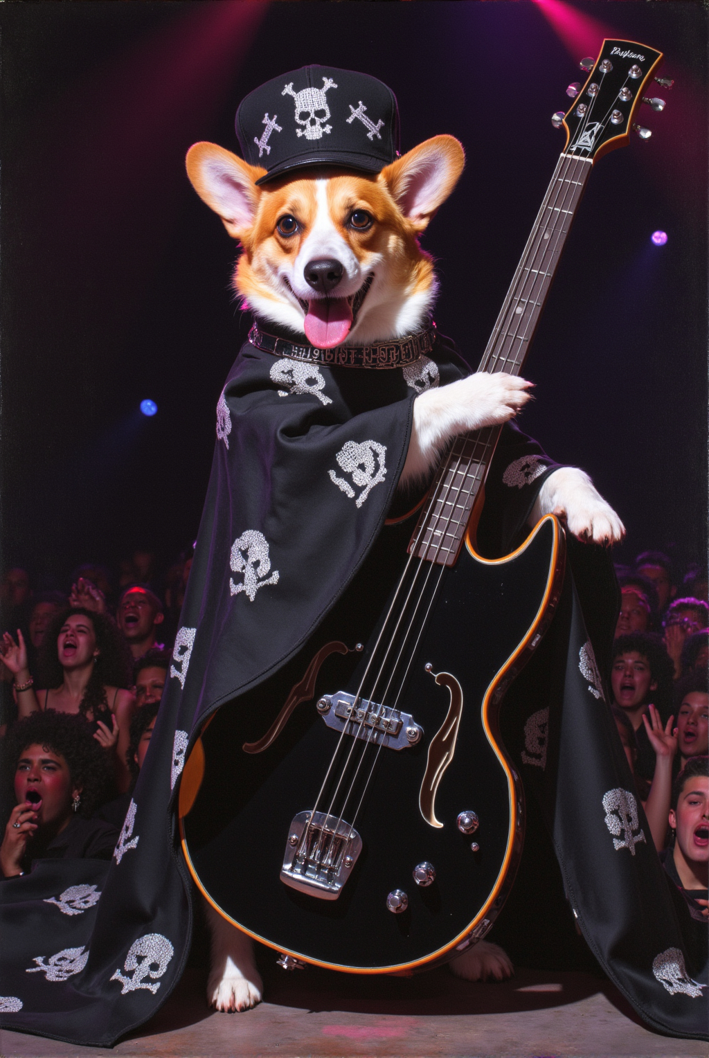 Photograph Cute Corgi In A Black Pirate Costume With Skull Designs Playing An Electric Guitar Surrounded By Cheering Fans