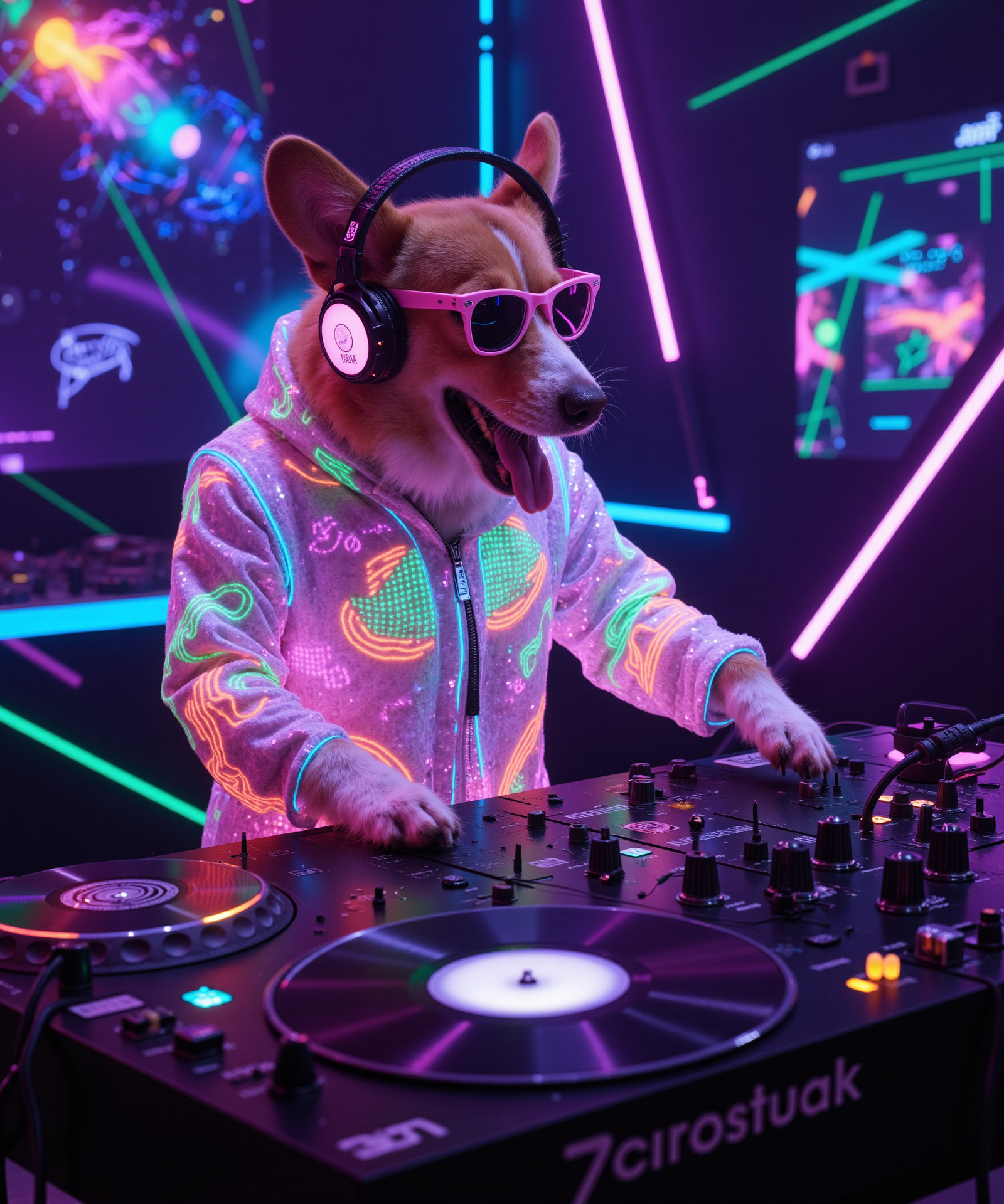Photograph Disco Dressed Anthropomorphic Dog DJ With Glowing Neon Lights Futuristic Decor Vinyl Records And Vibrant Colorful Starry Background