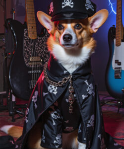 Photograph Of A Corgi In A Black Leather Pirate Outfit With Skull Patterns Surrounded By Electric Guitars And A Lightning