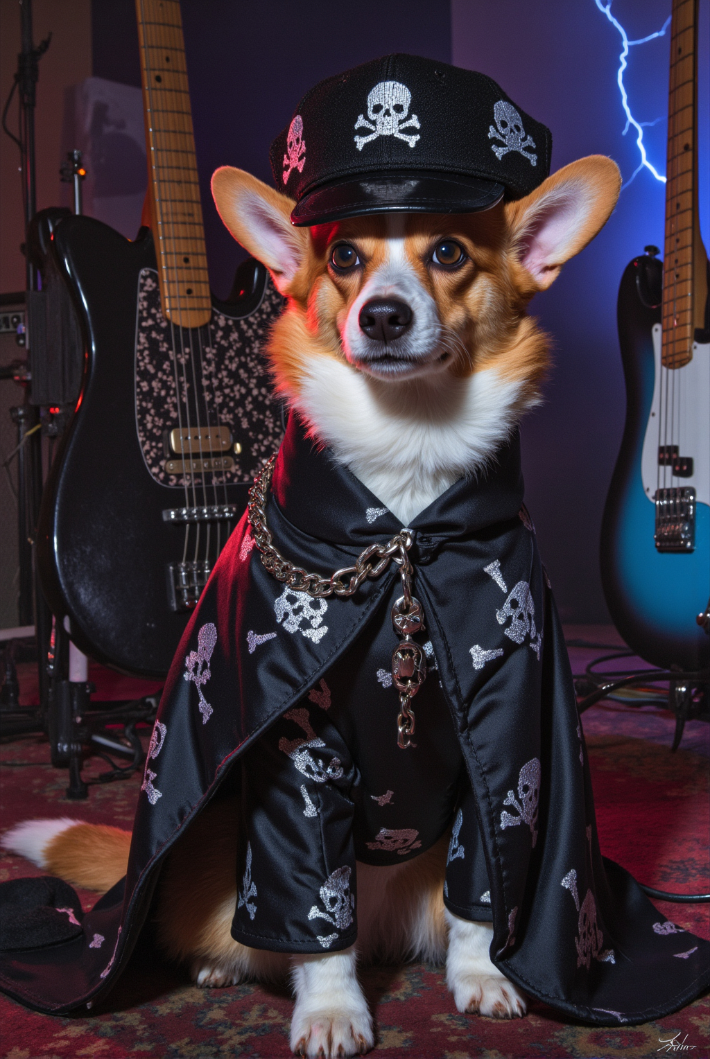Photograph Of A Corgi In A Black Leather Pirate Outfit With Skull Patterns Surrounded By Electric Guitars And A Lightning